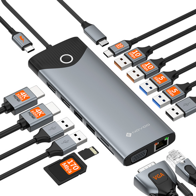 NOVOO TM15H 15-in-1 USB C Docking Station with Screen On/Off Button, Dual 4K HDMI, VGA, 10Gbps USB 3.2, Gigabit Ethernet, 100W PD, SD/TF Reader, Laptop MacBook Pro M4 Dell HP Lenovo