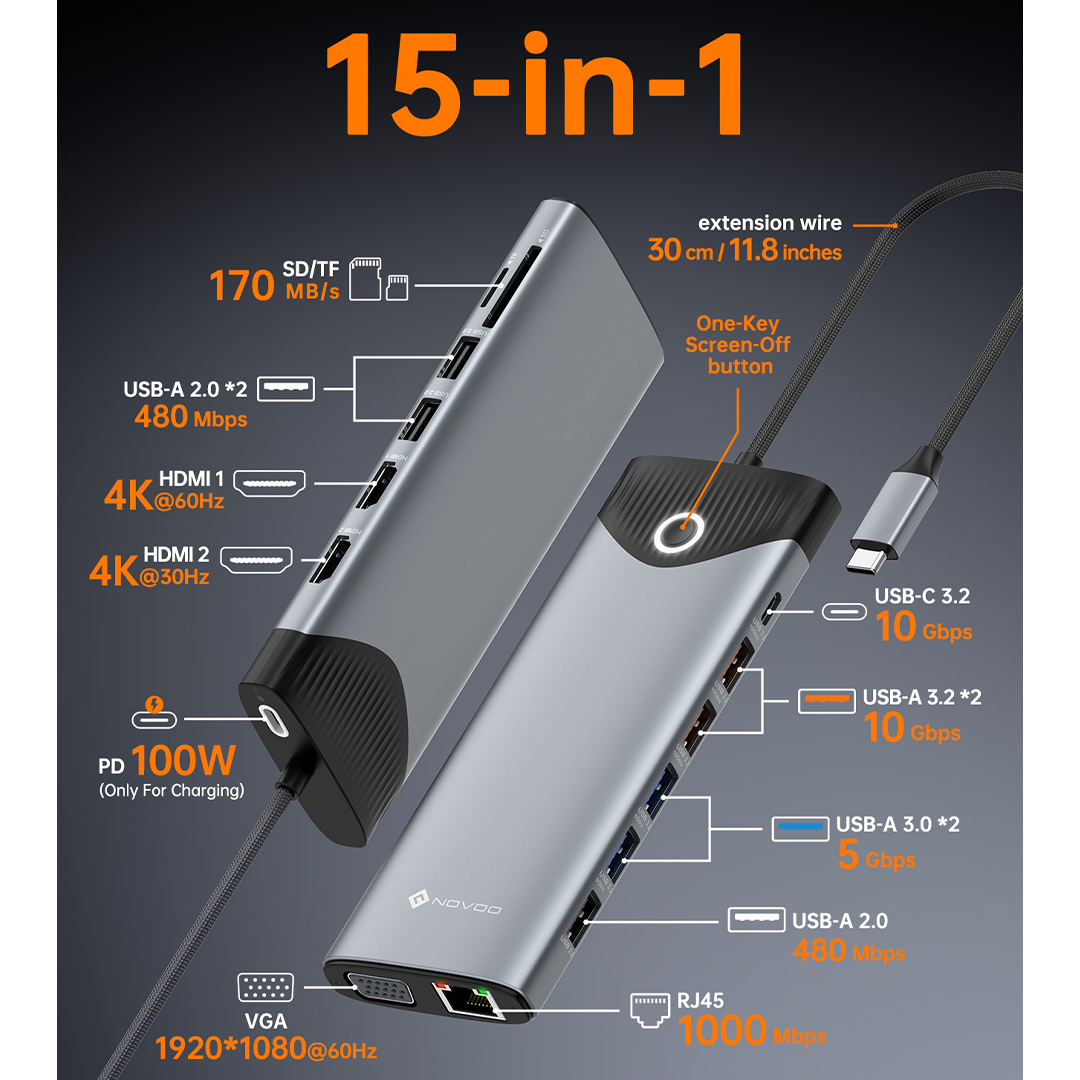 NOVOO TM15H 15-in-1 USB C Docking Station with Screen On/Off Button, Dual 4K HDMI, VGA, 10Gbps USB 3.2, Gigabit Ethernet, 100W PD, SD/TF Reader, Laptop MacBook Pro M4 Dell HP Lenovo