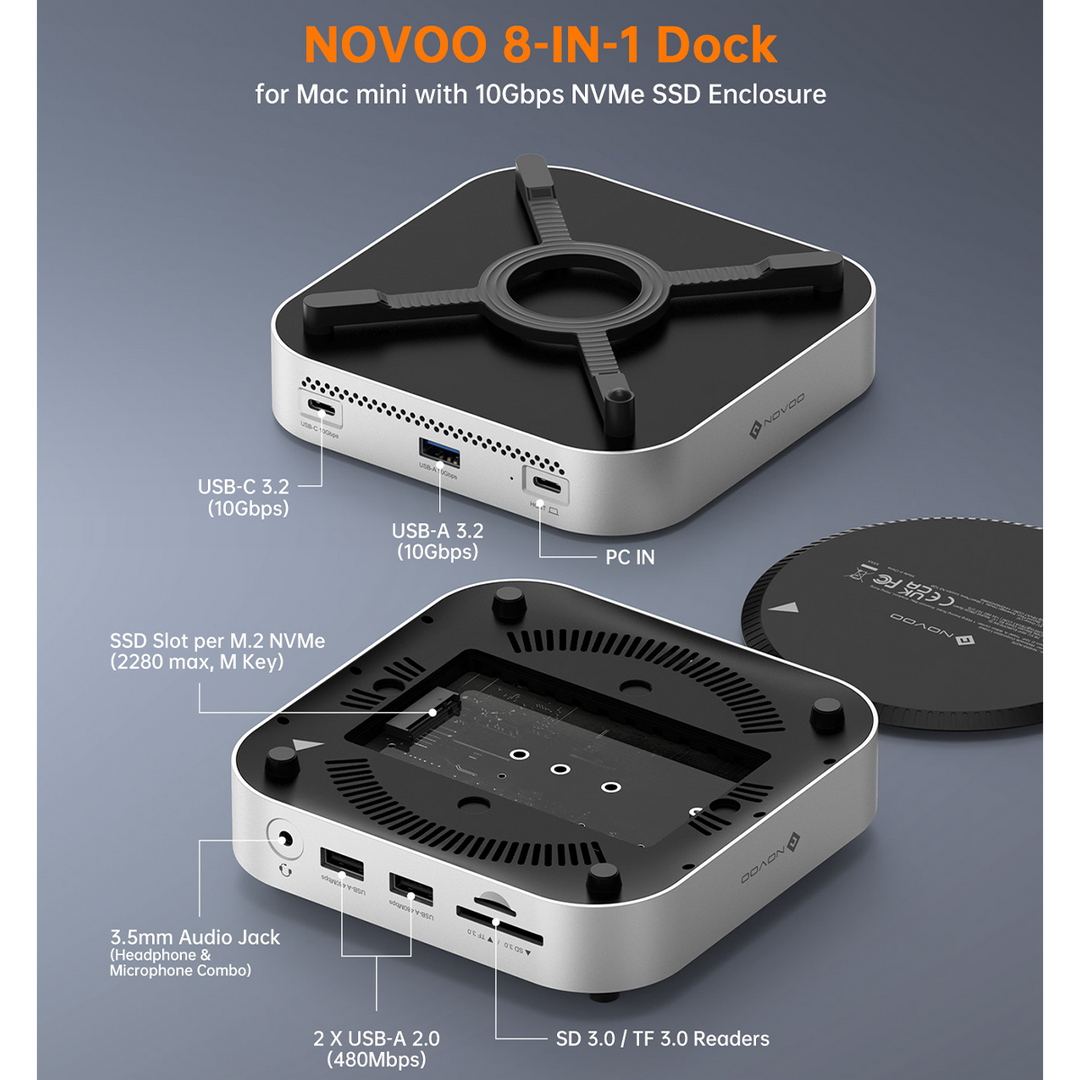 NOVOO MC01 USB-C Dock for Mac mini with M.2 NVMe SSD Slot – 10Gbps