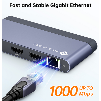 NOVOO RM8F Pro 8-in-1 USB-C Hub Laptop Docking Station, Dual Monitor Adapter with 2x 4K@60Hz HDMI