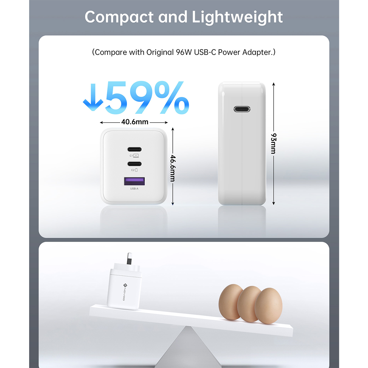 NOVOO 100W USB C GaN III Fast Charger Block with 3 Ports, PD 3.0 & PPS, Compact Power Adapter AU Plug for MacBook, iPhone 16/15 Pro, Galaxy S25/S24 Ultra, iPad Pro, Dell XPS 13 – White
