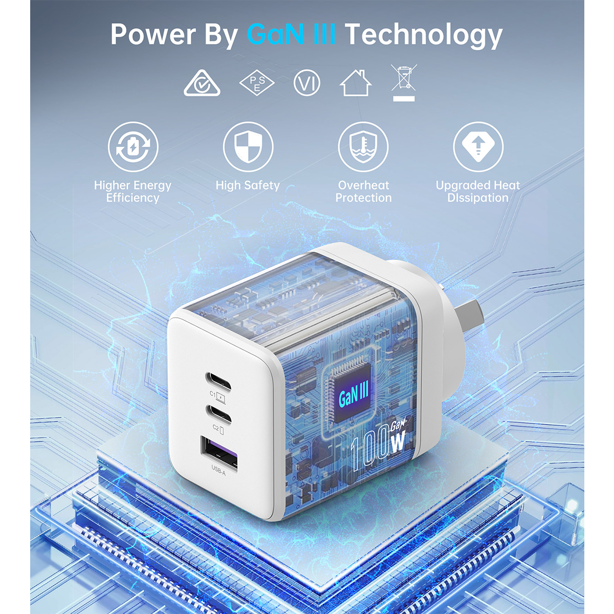 NOVOO 100W USB C GaN III Fast Charger Block with 3 Ports, PD 3.0 & PPS, Compact Power Adapter AU Plug for MacBook, iPhone 16/15 Pro, Galaxy S25/S24 Ultra, iPad Pro, Dell XPS 13 – White