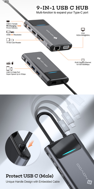 NOVOO 9in1 ProUSB C Multiport 4K HDMI VGA Ethernet 1000Mbps, 100W PD  Charging, 3 USB3.0, SD/TF Slots, Thunderbolt 3 Laptop Dock for MacBook,  Windows