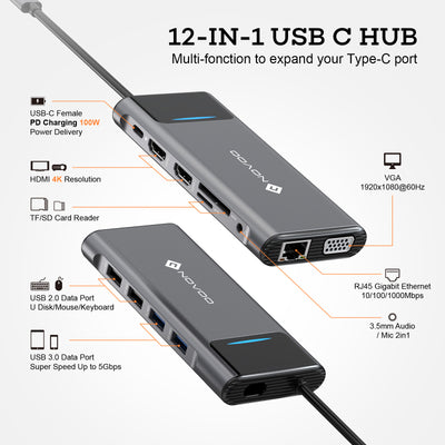 NOVOO 12 in 1 USB C HUB With LED Screen - NOVOO
