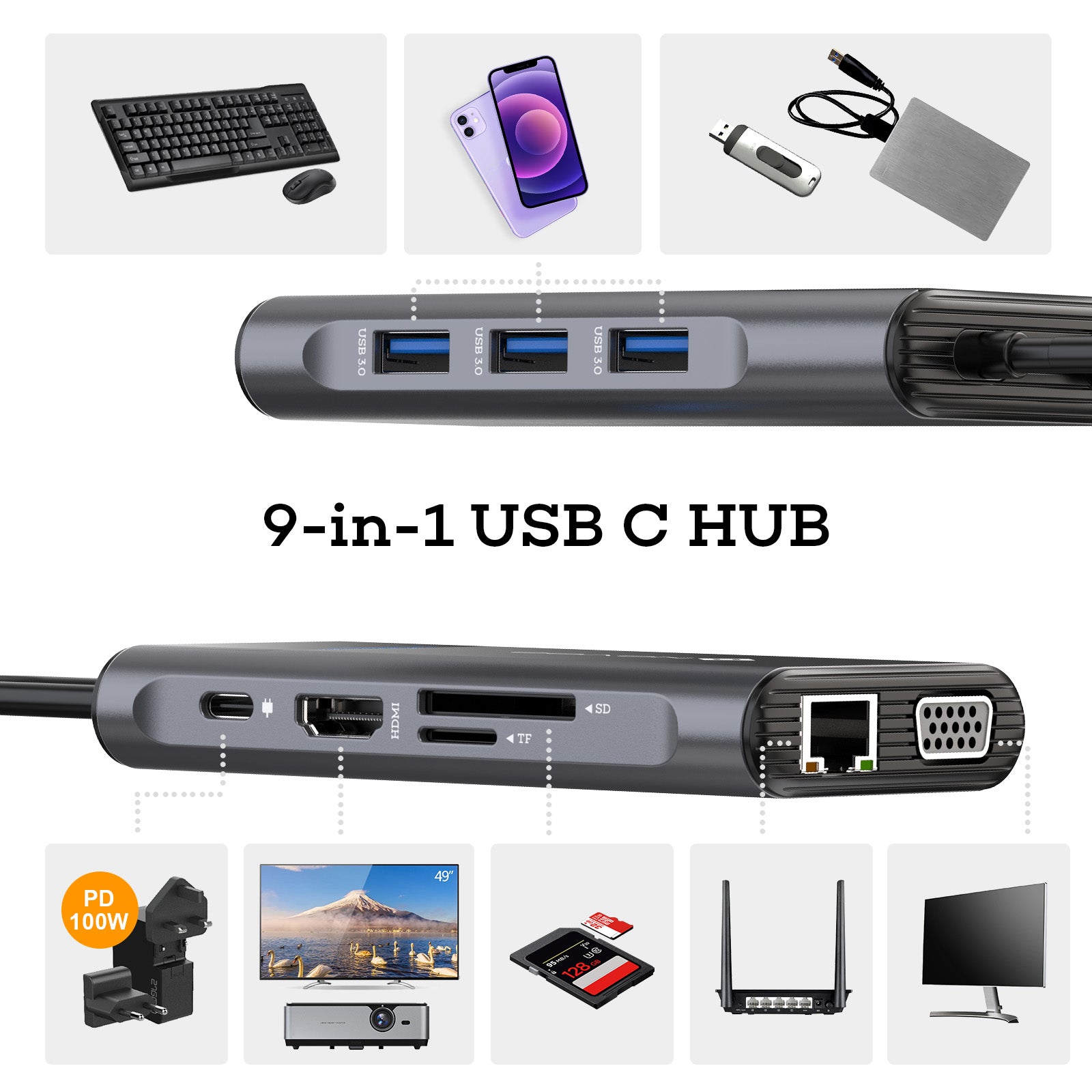 Novoo 9 in1 Type C 9 Port Hub Type C to 3 USB 3.0+SD/TF+HDMI+PD+
