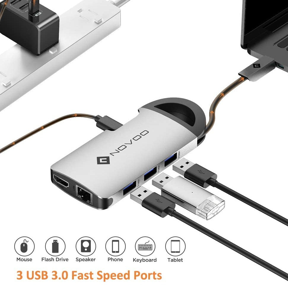 USB C Hub 8 in 1 USB-C Dock with Hidden Cable - NOVOO